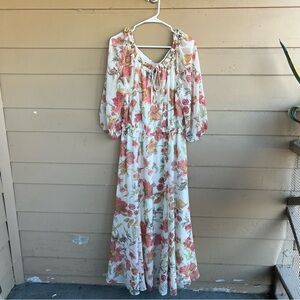 1.STATE Floral-Print Smocked Waist Maxi Dress Size L Boho Hippie Peasant